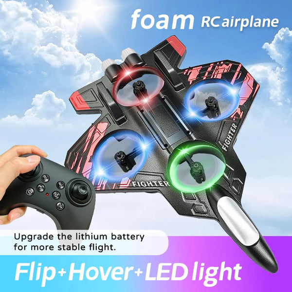 A foam RC airplane glider drone with transparent lenses and LED lights is shown against a cloudy sky.