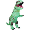 A green inflatable Tyrannosaurus Rex costume for adults with detailed skin texture and large mouth.