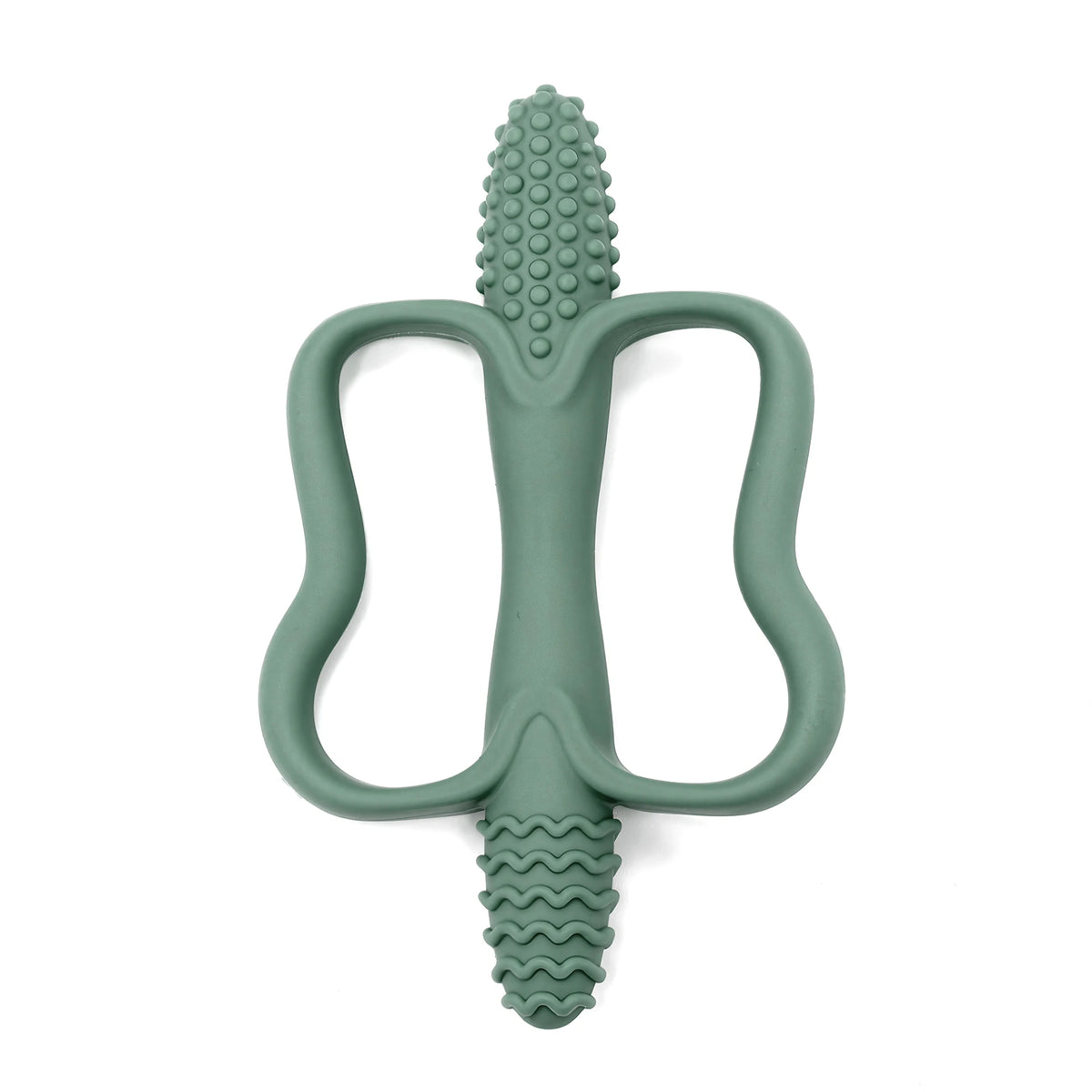 A silicone teething stick in a muted green color with a textured, ridged end and a curved handle.