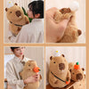 A brown capybara plush toy with a white chick accessory is shown in various poses and contexts.