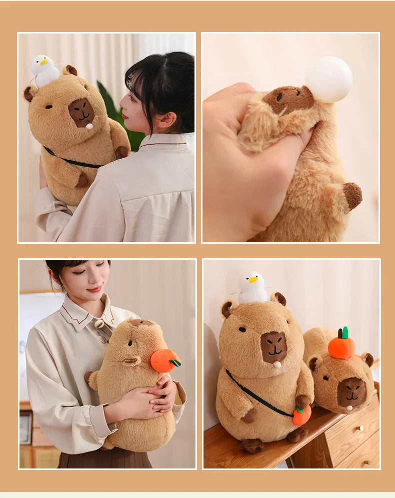 A brown capybara plush toy with a white chick accessory is shown in various poses and contexts.