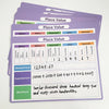 A set of purple and green place value learning posters showing standard, expanded, and word forms for numbers.
