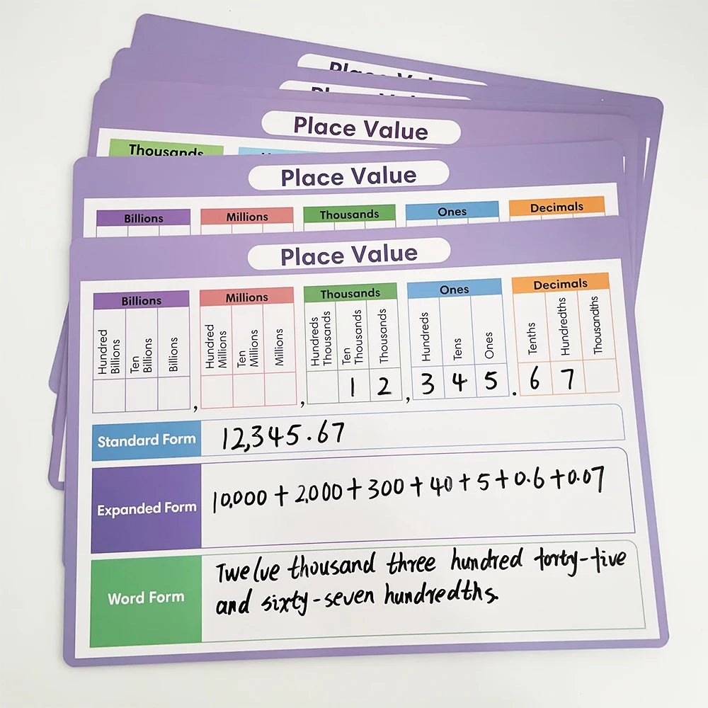 A set of purple and green place value learning posters showing standard, expanded, and word forms for numbers.