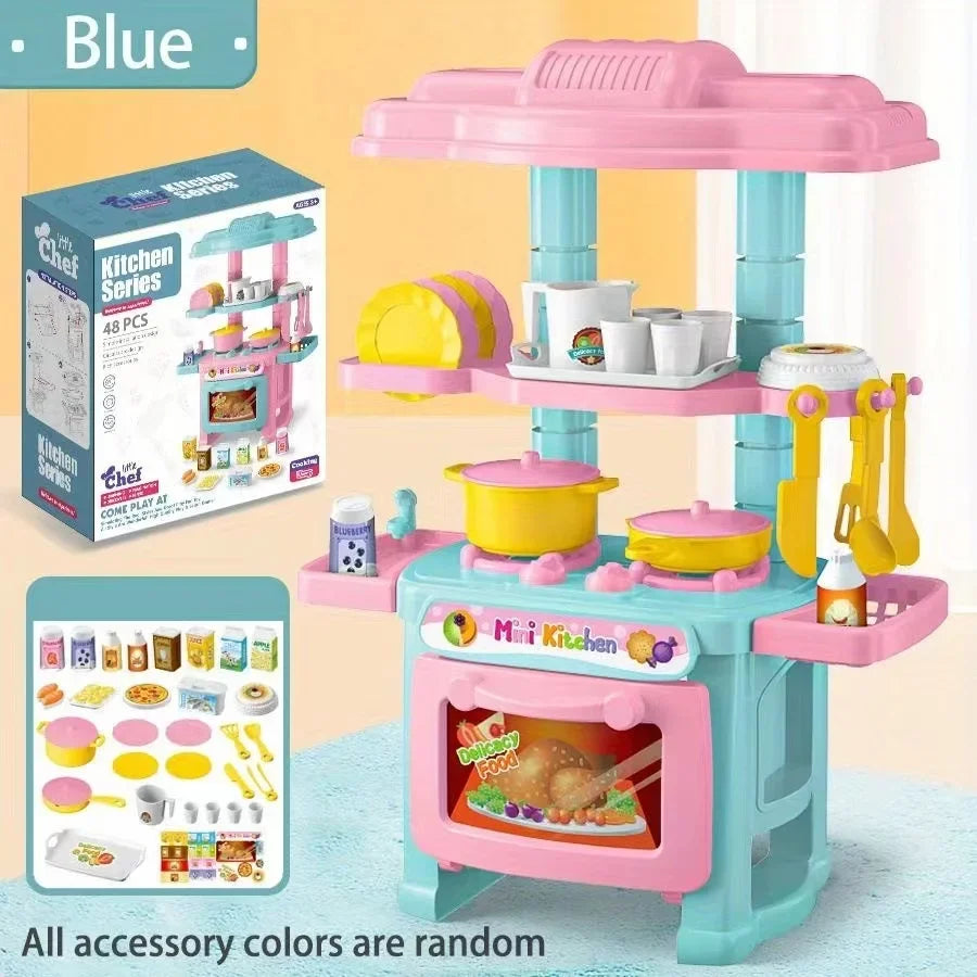 A pink and blue mini pretend play kitchen set with cooking accessories and a storage box.