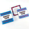 A set of three colorful cards with text on them for a Family Time conversation card game