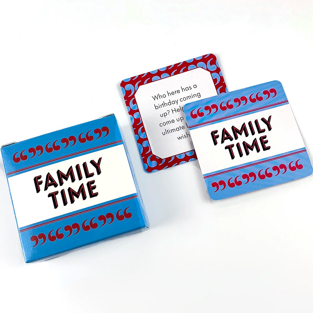 A set of three colorful cards with text on them for a Family Time conversation card game
