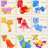 A display of alphabet transformable robot toys featuring various animals and creatures like an elephant, tiger, crab, lobster