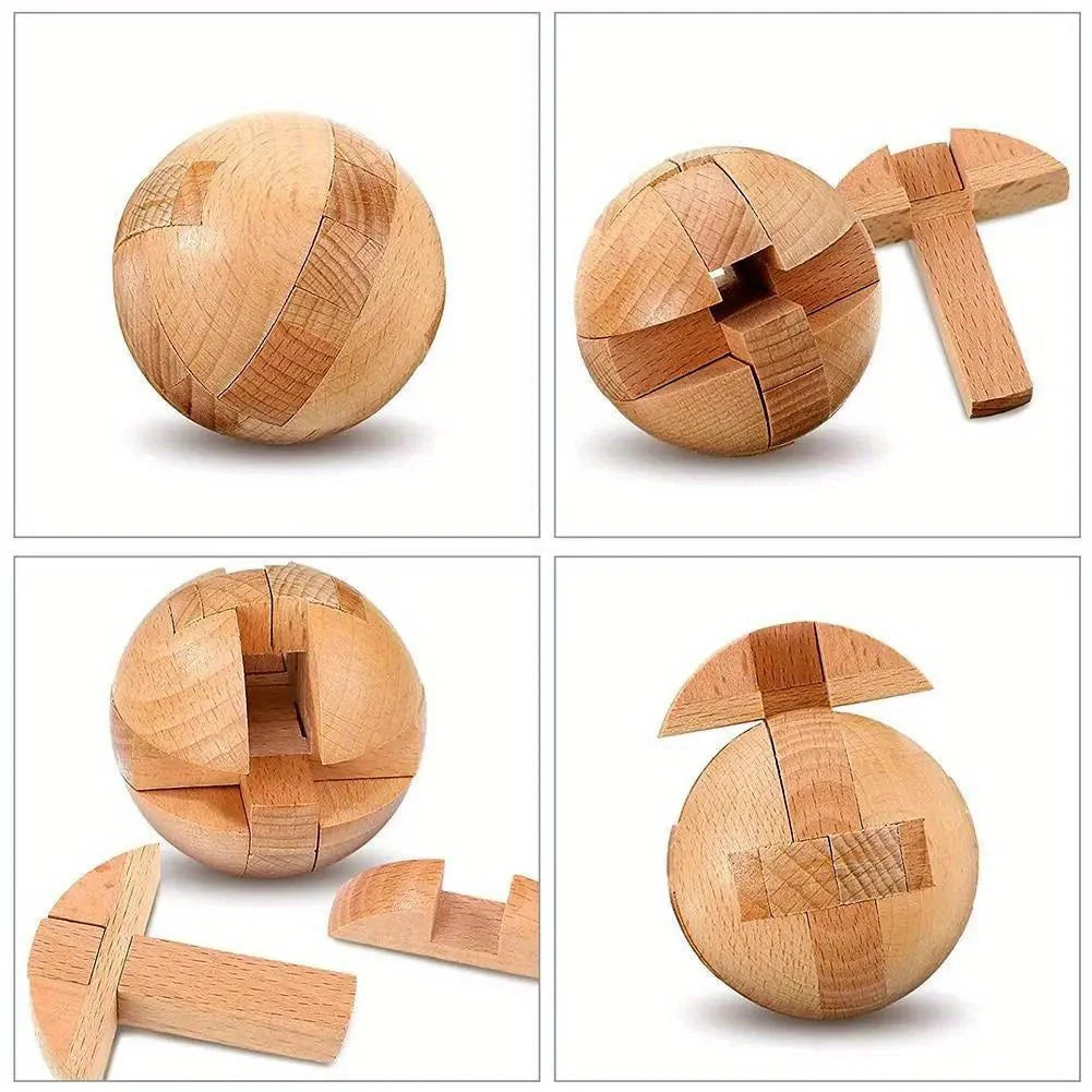 A set of wooden brain teaser puzzle balls and pieces used for a 3D logic game.