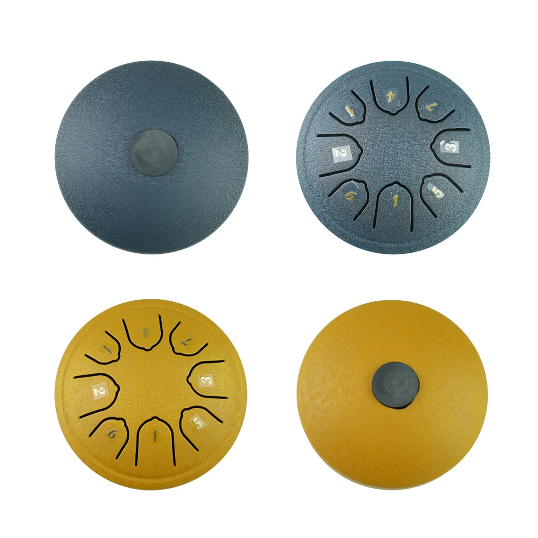 Two circular steel tongue drums, one dark blue and one gold, with corresponding mallets.