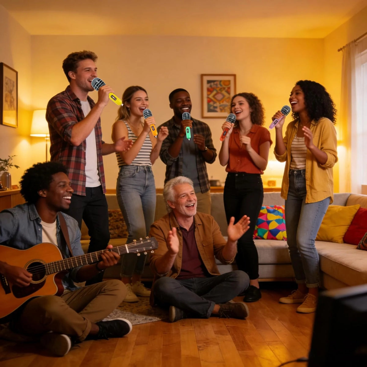 A group of people are singing and playing music together in a brightly lit living room.