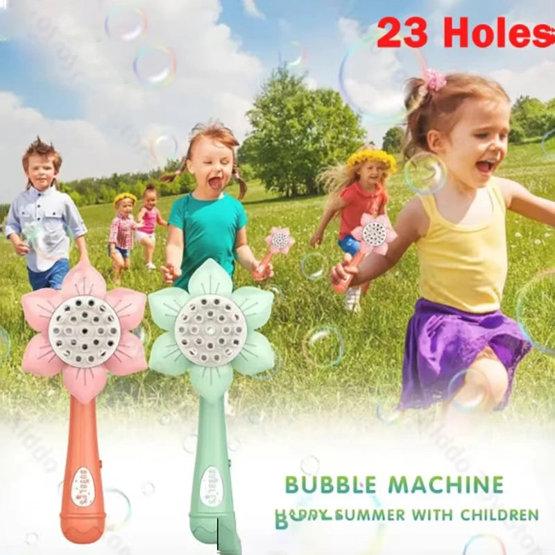 A young girl is blowing bubbles with a pink sunflower bubble machine outdoors in a grassy field.