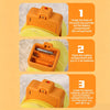 Instructions showing how to open and close the battery compartment of an orange plush toy for a fruit sensory toy