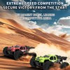 A green off-road RC car is kicking up dust on a desert dune during a speed competition.