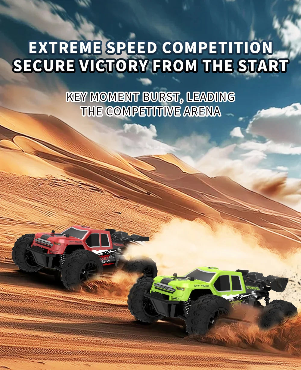 A green off-road RC car is kicking up dust on a desert dune during a speed competition.