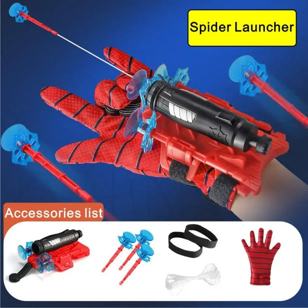A red superhero spider launcher with blue web shooters and accessories displayed on a white background.