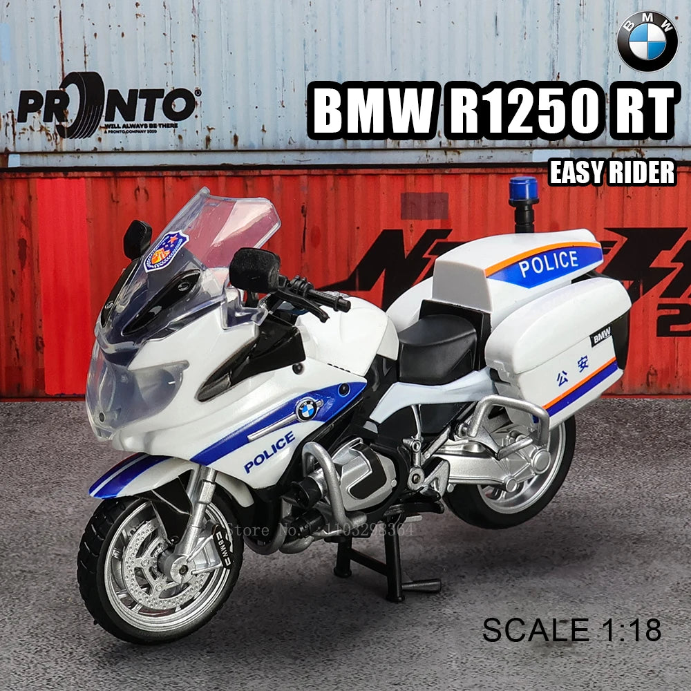 A white BMW R1250 RT police motorcycle model in 1:18 scale on a display stand.