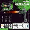 A green water gun with a glowing barrel is shown next to its components and packaging.