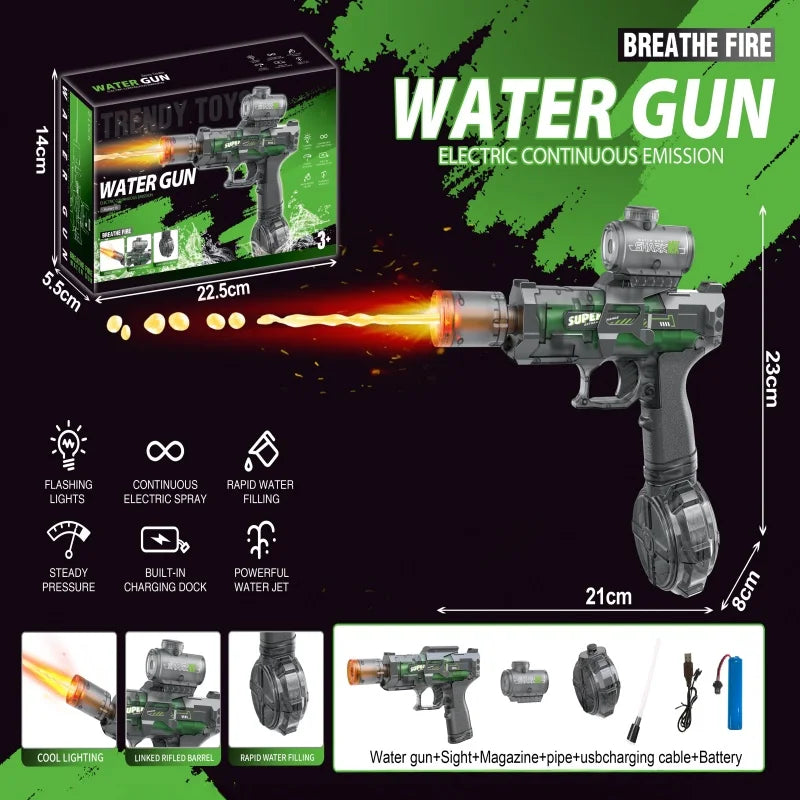 A green water gun with a glowing barrel is shown next to its components and packaging.
