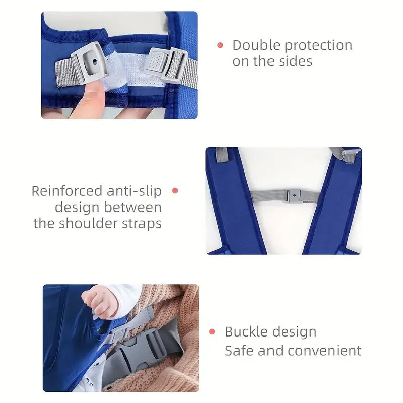 Close-up views of an all-season multi-position baby carrier sling showing double protection, reinforced anti-slip design, and