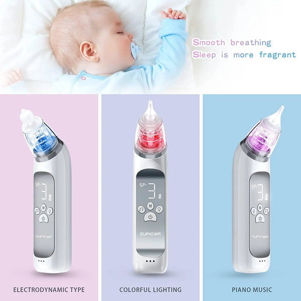 An electric nasal aspirator device with a clear bottle, colorful lighting, and piano music features.