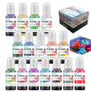 A collection of various colored resin pigment inks in glass vials and a box labeled Drawing Inks for crafts.