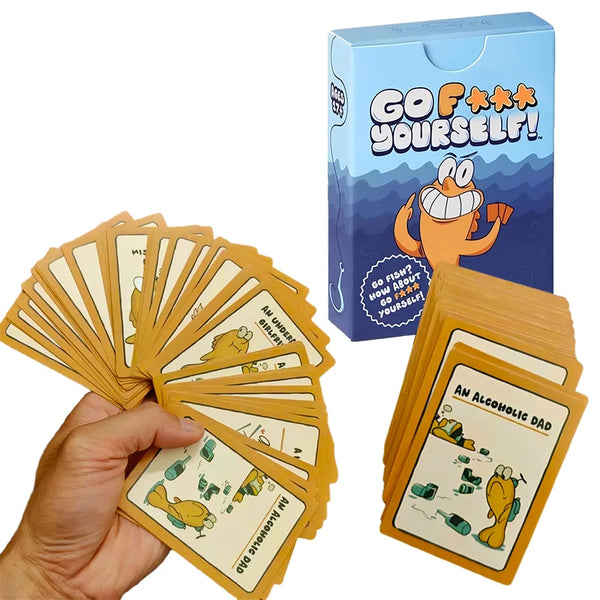 A box of Go Fish cards and a hand holding a stack of cards for a family game