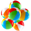 A collection of colorful, striped inflatable beach balls in rainbow colors.
