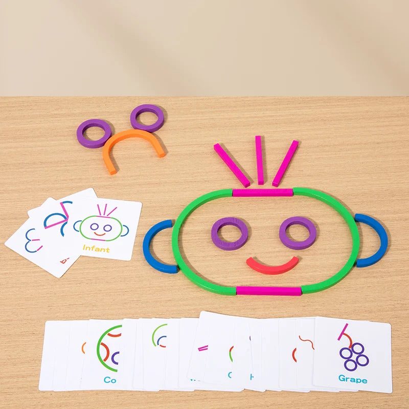 Wooden shape sorting puzzle featuring colorful cutouts of an infant face and various fruit shapes for early learning