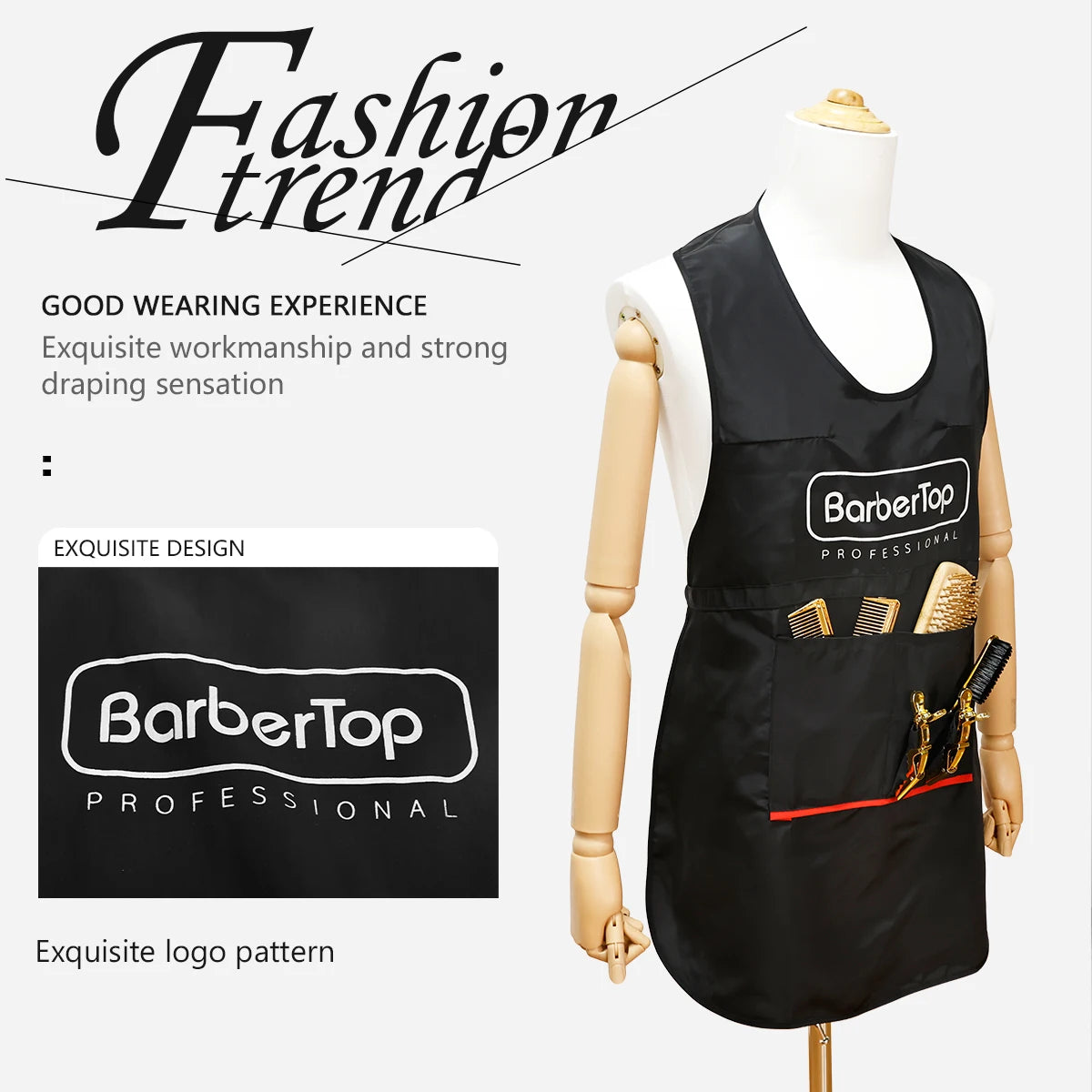 A black BarberTop professional apron displayed on a mannequin, showing exquisite design and logo pattern.