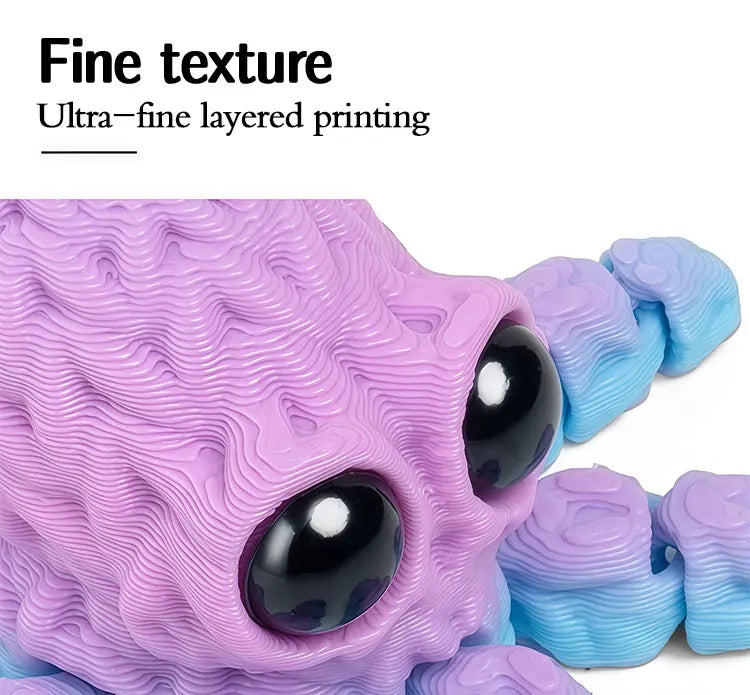 Close-up of a purple 3D printed articulated octopus featuring fine textured layered printing and black eyes.