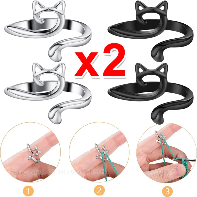 Two silver and black adjustable cat-ear crochet rings shown with close-ups of the product.