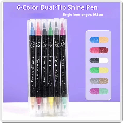 A set of six 6-Color Dual-Tip Shine Pens with metallic glitter finishes displayed in a clear packaging.