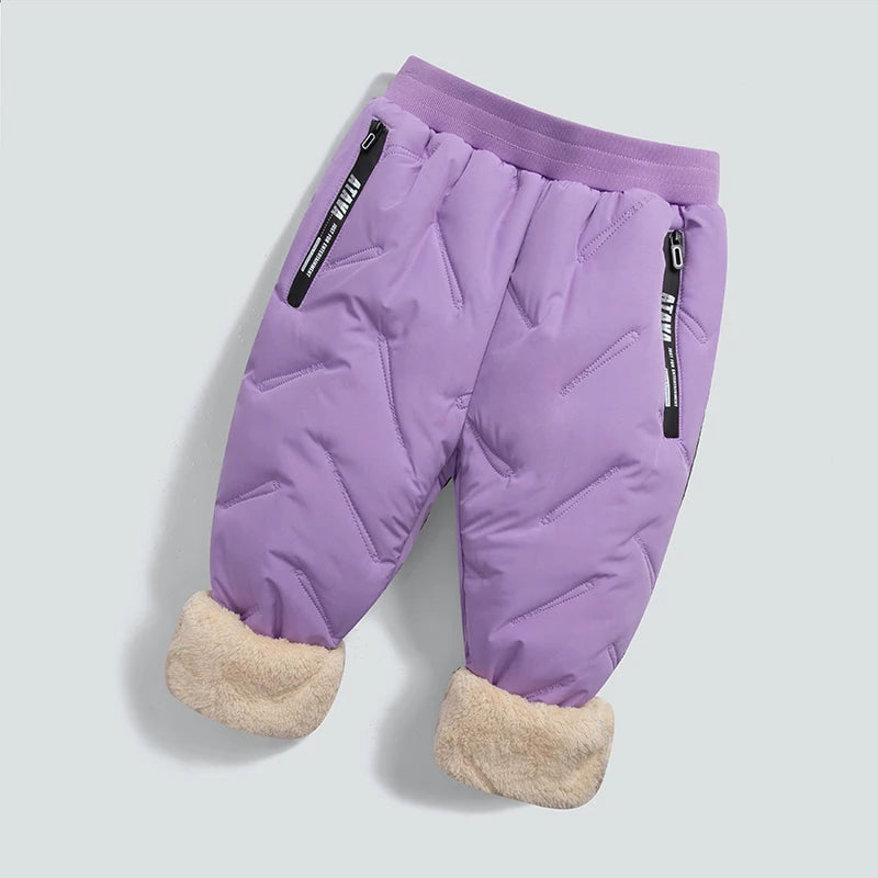 Purple waterproof winter pants for kids with fleece lining and black zippers