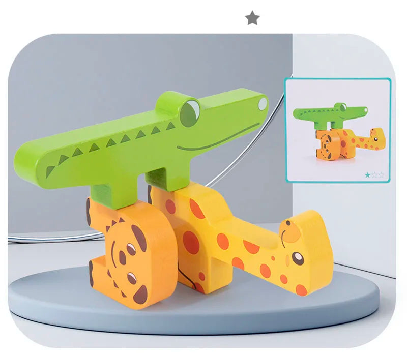 A set of wooden animal stacking blocks in green and orange colors with shape matching cards.