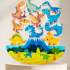 A colorful wooden dinosaur stacking block set featuring various dinosaurs in shades of green, blue, and orange.