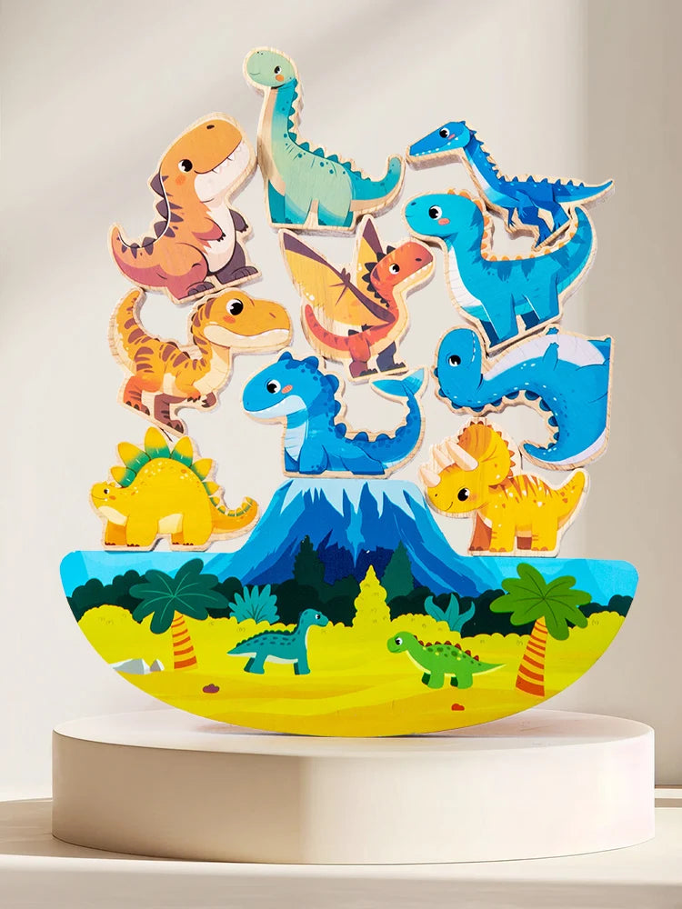 A colorful wooden dinosaur stacking block set featuring various dinosaurs in shades of green, blue, and orange.