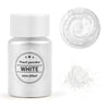 A glass jar of white pearl powder with a swirling texture shown next to a pile of the same powder.