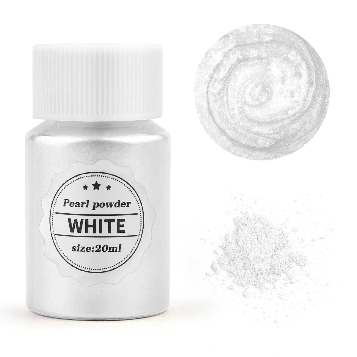 A glass jar of white pearl powder with a swirling texture shown next to a pile of the same powder.