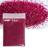 A sealed bag of vibrant magenta glitter powder scattered across a white background.