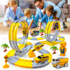A flexible dinosaur race track toy set featuring electric cars and yellow, gray, and green track pieces.