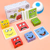 A collection of wooden face-changing cubes and a box for a kids puzzle game.