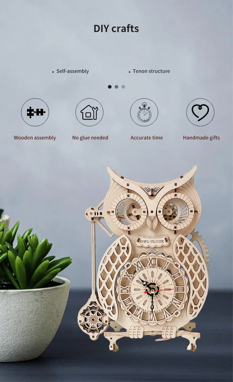A detailed wooden owl wall clock made from a DIY assembly kit, featuring intricate gears and a natural wood finish.