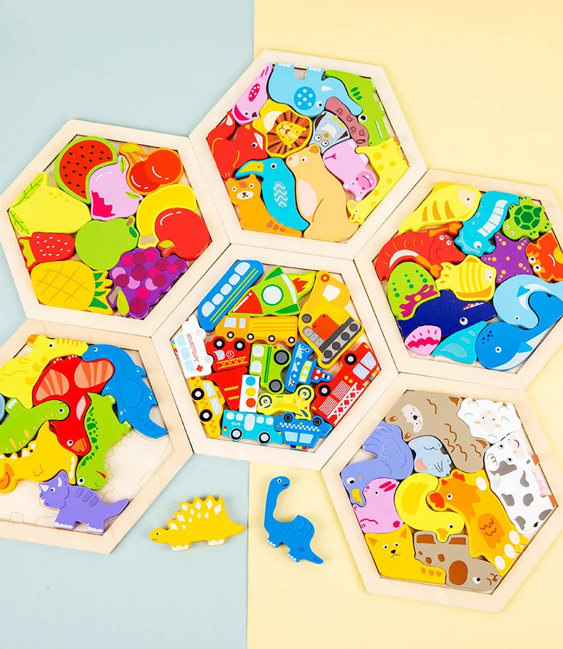 A wooden 3D jigsaw puzzle featuring colorful animal shapes arranged in hexagonal compartments.