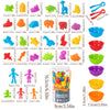 A set of colorful animal toys and sorting bowls for early math and color learning.