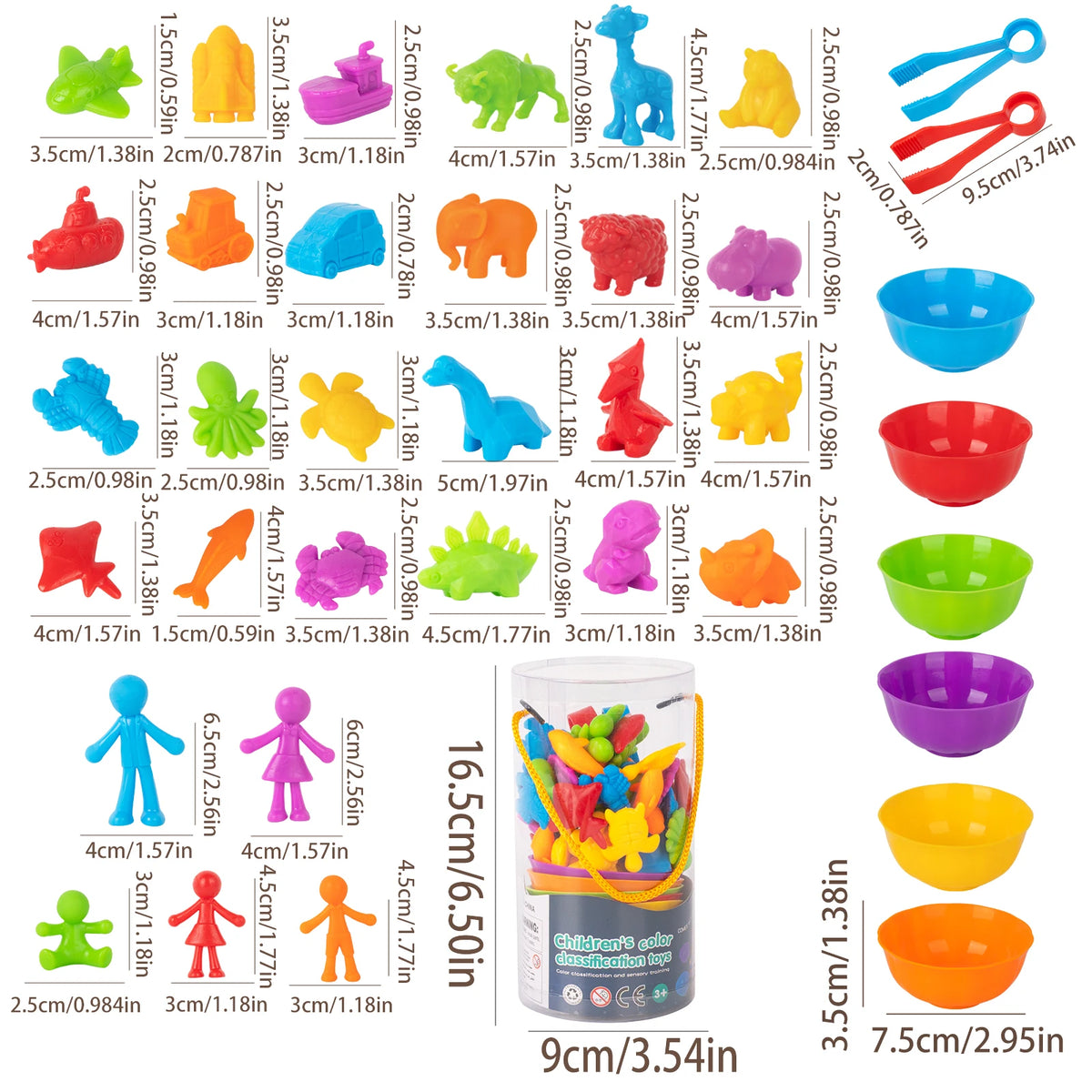 A set of colorful animal toys and sorting bowls for early math and color learning.