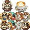 Eight diamond painting coasters featuring coffee cups and related items