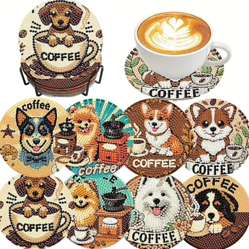 Eight diamond painting coasters featuring coffee cups and related items