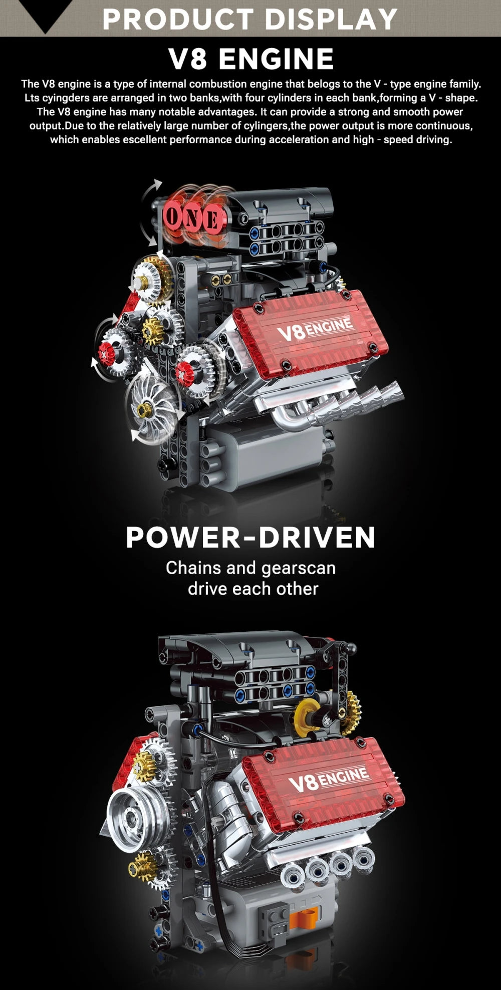 V8 Engine Model Building Kit with Electric Motor – 478 Pieces
