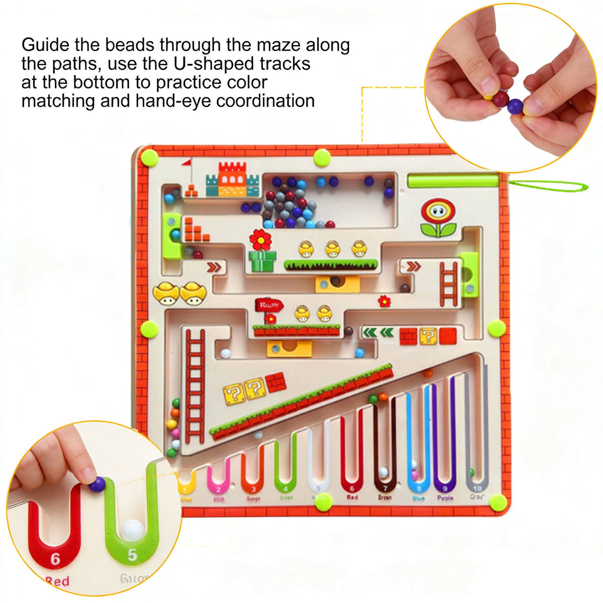 A magnetic maze puzzle board with colored beads and U-shaped tracks for practicing color matching and hand-eye coordination.