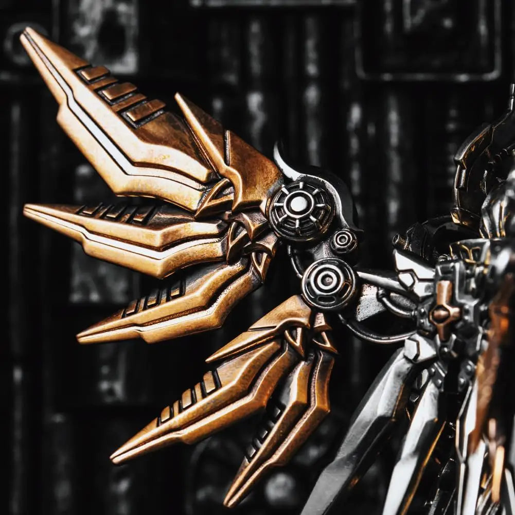 A close-up of a bronze and black magnetic metal figurine featuring stylized, wing-like armor details.